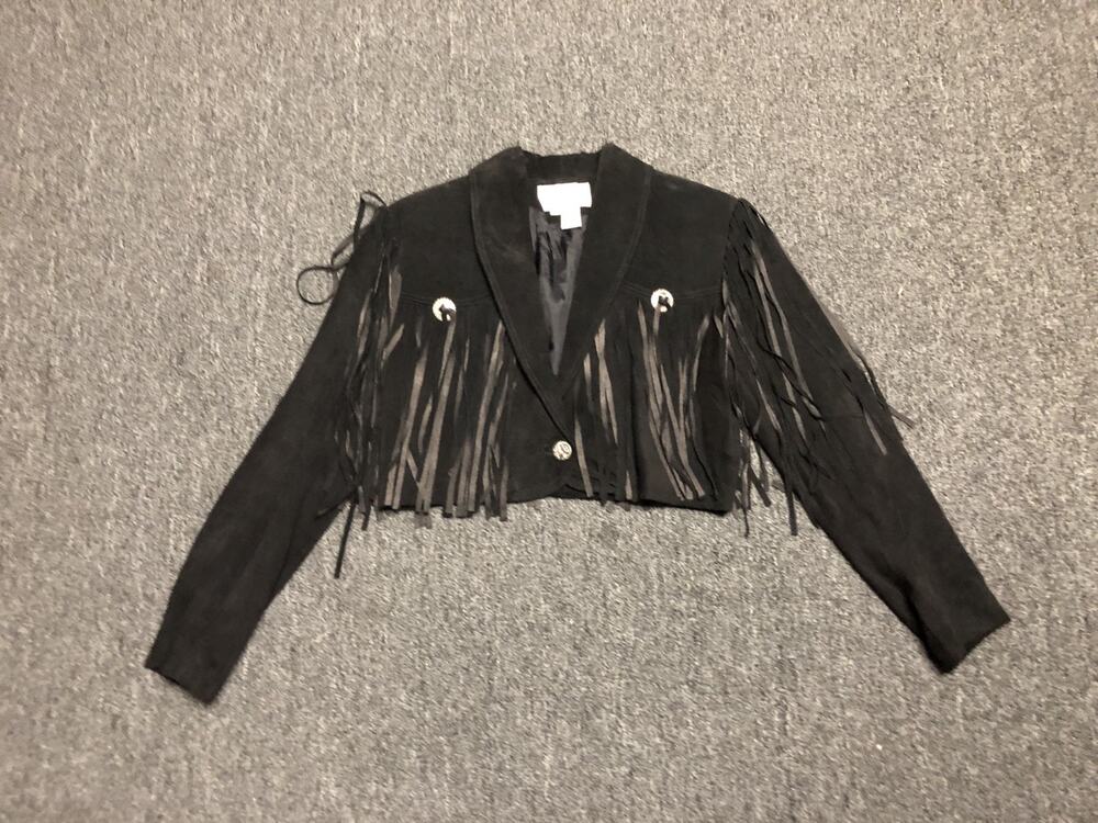 Vintage Cedars Fringe Black Suede Small Cropped Jacket Western Southwestern Boho